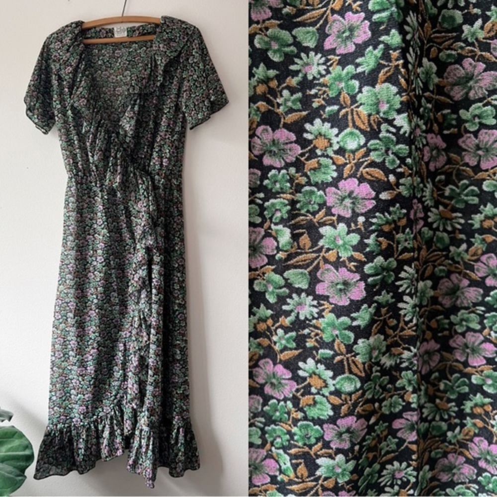 Vintage sheer ditzy floral ruffle boho‎ robe dress beach cowgirl M